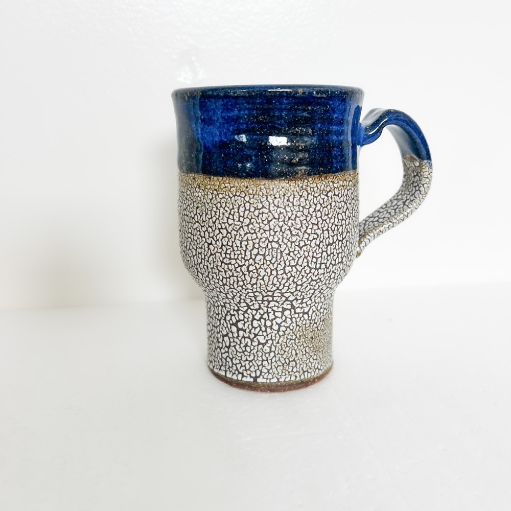 Studio pottery large mug blue and white crackle glaze signed